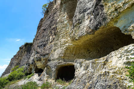 View of the picturesque Crimean mountains from the cave town of Tepe-Kermen in summer. May. 2021. Crimea.の写真素材