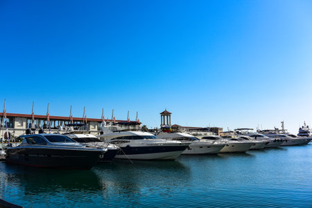Seaport with mooring boats during the day in Sochi, Russia. August. 2019.の写真素材