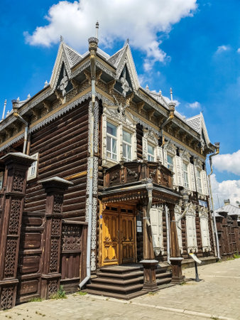 Beautiful carved buildings and houses on the streets of Irkutsk. July. 2020.のeditorial素材