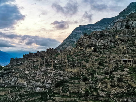 View of the ancient village of Kahib in the evening in the mountains of Dagestan. Russiaの写真素材