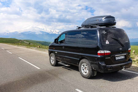 The car is on the high-mountain road to the Jily-Su tract. Caucasian. Kabardino-Balkaria.