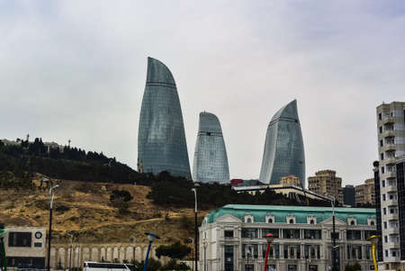 View of the flame towers from the Ferris wheel on the embankment in Baku. Azerbaijan 2019のeditorial素材