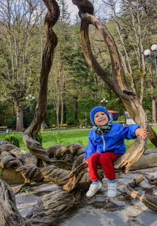 A little boy on the branches of a tree on the street in Borjomi, on a rainy spring day. Borjomi Georgia 2019.の写真素材