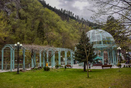 Gazebo in Borjomi Park, on a rainy spring day. April 30, 2019 Georgiaの写真素材