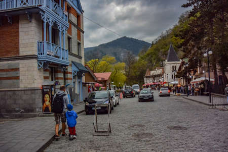 The streets in the city Borjomi, in a rainy spring day. April 30, 2019 Georgia