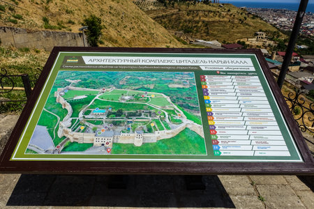 Signs on the territory of the Naryn-Kala Fortress in Derbent. Dagestan, RussiaJune 2021のeditorial素材