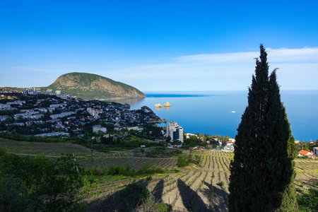 View of the Ayu-Dag mountain and the city of Gurzuf from the observation deck. Crimean Mountains. May. 2021. Crimea. Russia. The Crimean Peninsula.の写真素材