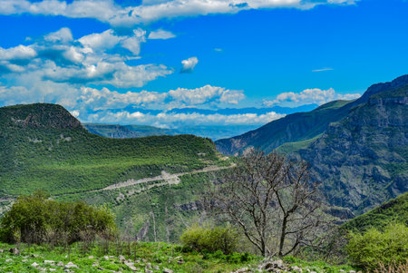 View of the green mountains from the Wings of Tatev cable car. picturesque views. Armenia 2019.の写真素材