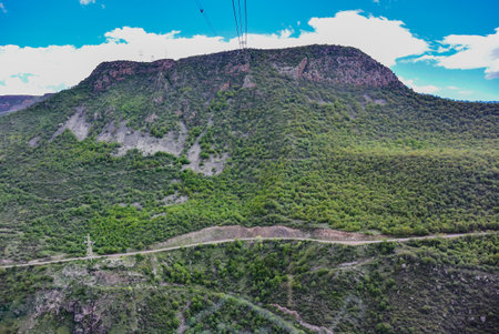 View of the green mountains from the Wings of Tatev cable car. picturesque views. Armenia 2019.