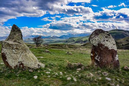 Megalithic standing stone of Zorats karer or Qarahunj is a prehistoric monument in Armenia. May 5, 2019の写真素材