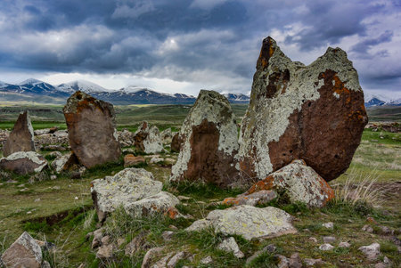 Megalithic standing stone of Zorats karer or Qarahunj is a prehistoric monument in Armenia. May 5, 2019の写真素材