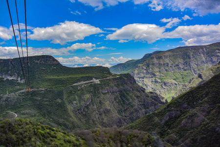 The Wings of Tatev cable car, which stretches from Khalidzor to the Tatev monastery, is listed in the Guinness Book of records as the world's longest non-stop two-track cable car. May 5, 2019の写真素材