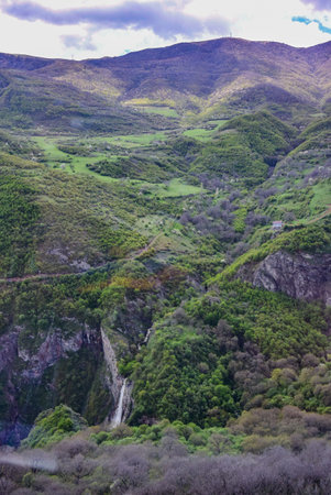 View of the green mountains from the Wings of Tatev cable car. picturesque views. Armenia 2019.の写真素材