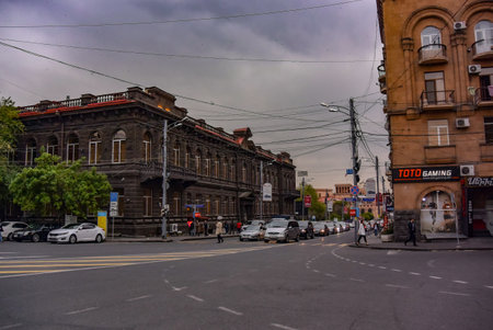Buildings and cars on the streets of Yerevan, may 2, 2019, Armeniaのeditorial素材
