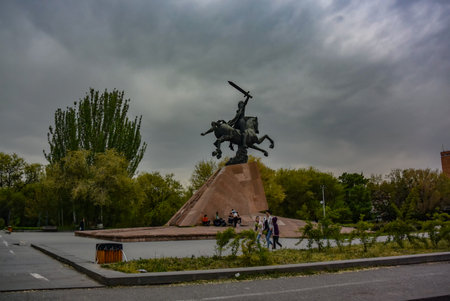 Monument to Andranik Zoravar near the Church of St. Gregory the Illuminator in the center of Yerevan, May 2, 2019. Armeniaのeditorial素材