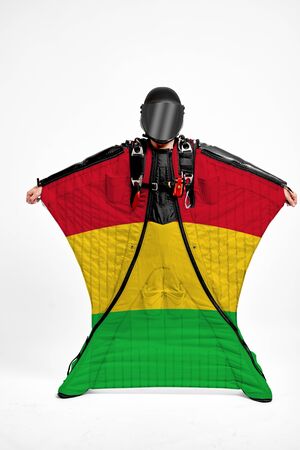 Mali extreme. Flag in skydiving. People in free fall grab flag of Mali. Patriotism, men and flag.の写真素材