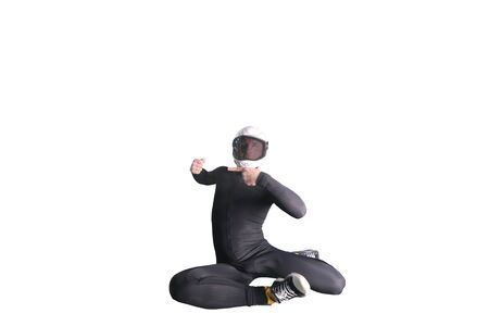 One finger. Fly men show one finger. Sky diver in black suit. Teampleat skydiver.の写真素材