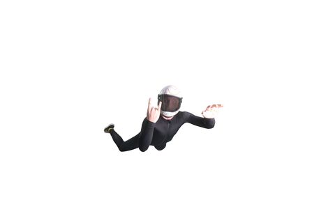 Three fingers. Fly men shows three fingers. Sky diver gestures by fingers. Teampleat skydiver.の写真素材