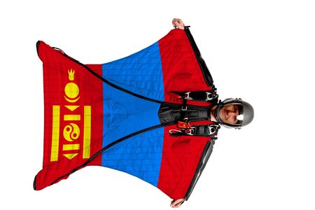 Panama flag. Men in wing suit templet. Skydiving men in parashute. Simulator of free fall.の写真素材