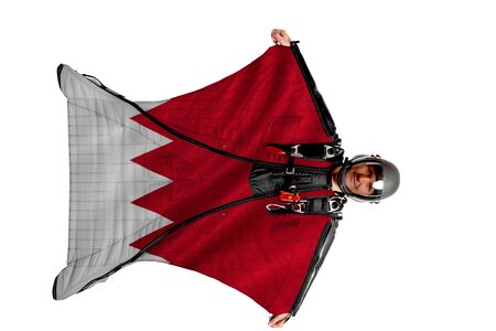Panama flag. Men in wing suit templet. Skydiving men in parashute. Simulator of free fall.の写真素材