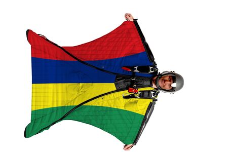 Panama flag. Men in wing suit templet. Skydiving men in parashute. Simulator of free fall.の写真素材
