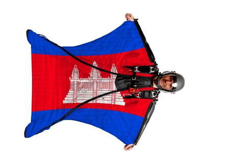 Panama flag. Men in wing suit templet. Skydiving men in parashute. Simulator of free fall.の写真素材