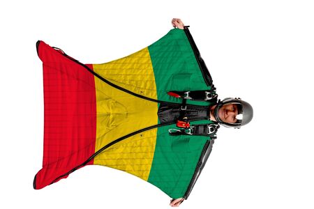 Panama flag. Men in wing suit templet. Skydiving men in parashute. Simulator of free fall.の写真素材