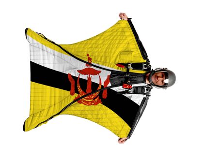 Panama flag. Men in wing suit templet. Skydiving men in parashute. Simulator of free fall.の写真素材