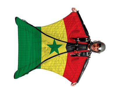 Panama flag. Men in wing suit templet. Skydiving men in parashute. Simulator of free fall.の写真素材