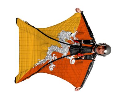Panama flag. Men in wing suit templet. Skydiving men in parashute. Simulator of free fall.の写真素材