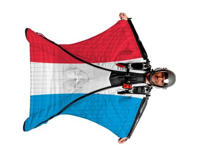 Bangladesh extreme travel. Simulator of free fall. Men in wing suit.の写真素材