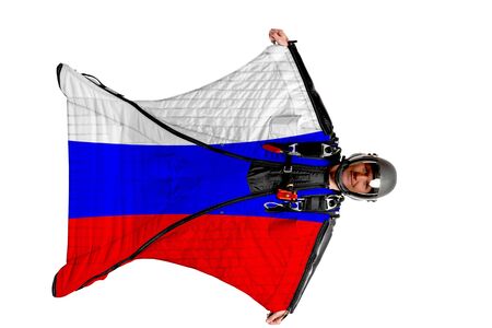 Panama flag. Men in wing suit templet. Skydiving men in parashute. Simulator of free fall.の写真素材