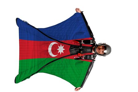 Panama flag. Men in wing suit templet. Skydiving men in parashute. Simulator of free fall.の写真素材
