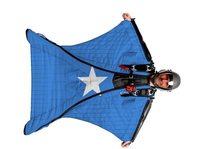 Somalia flag. Men in wing suit templet. Skydiving men in parashute. Simulator of free fall.の写真素材