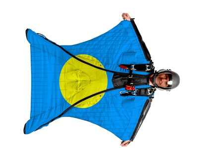 Panama flag. Men in wing suit templet. Skydiving men in parashute. Simulator of free fall.の写真素材