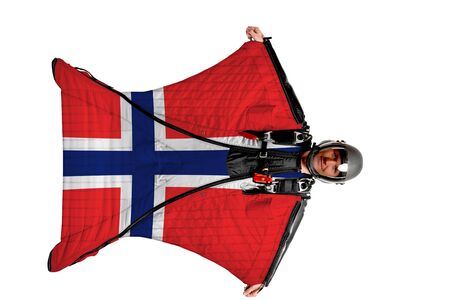 Panama flag. Men in wing suit templet. Skydiving men in parashute. Simulator of free fall.の写真素材