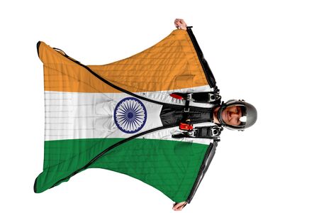 Panama flag. Men in wing suit templet. Skydiving men in parashute. Simulator of free fall.の写真素材