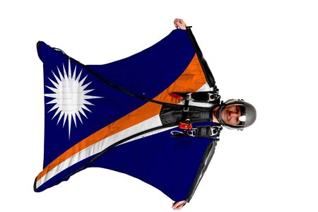 Panama flag. Men in wing suit templet. Skydiving men in parashute. Simulator of free fall.の写真素材