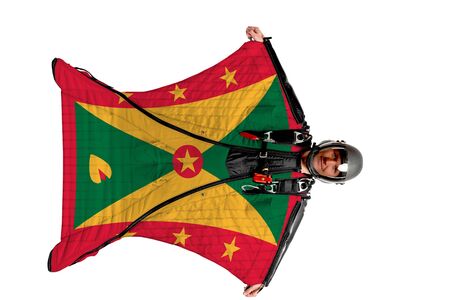 Panama flag. Men in wing suit templet. Skydiving men in parashute. Simulator of free fall.の写真素材