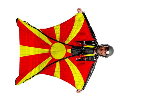 Panama flag. Men in wing suit templet. Skydiving men in parashute. Simulator of free fall.の写真素材