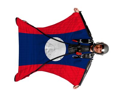 Panama flag. Men in wing suit templet. Skydiving men in parashute. Simulator of free fall.の写真素材