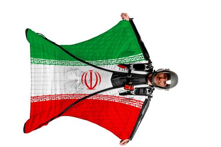 Panama flag. Men in wing suit templet. Skydiving men in parashute. Simulator of free fall.の写真素材