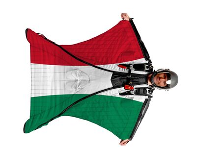 Panama flag. Men in wing suit templet. Skydiving men in parashute. Simulator of free fall.の写真素材