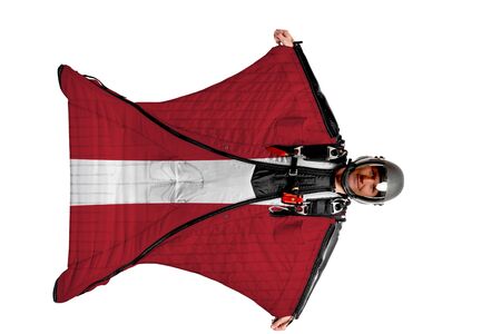 Panama flag. Men in wing suit templet. Skydiving men in parashute. Simulator of free fall.の写真素材