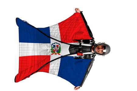 Panama flag. Men in wing suit templet. Skydiving men in parashute. Simulator of free fall.の写真素材