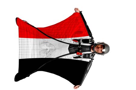 Panama flag. Men in wing suit templet. Skydiving men in parashute. Simulator of free fall.の写真素材