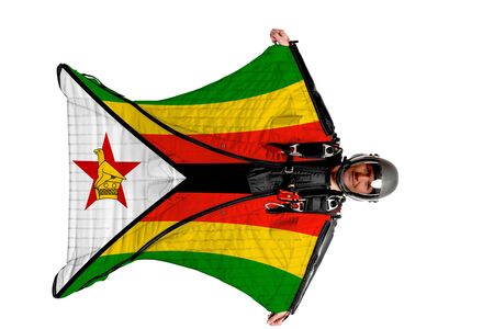 Panama flag. Men in wing suit templet. Skydiving men in parashute. Simulator of free fall.の写真素材