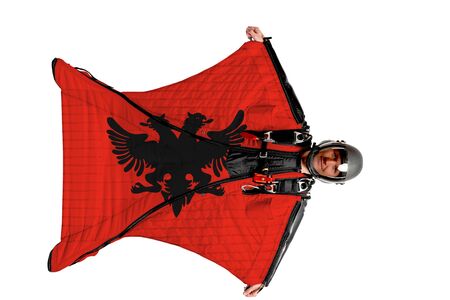 Panama flag. Men in wing suit templet. Skydiving men in parashute. Simulator of free fall.の写真素材