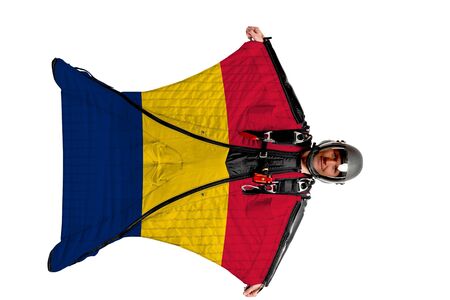 Panama flag. Men in wing suit templet. Skydiving men in parashute. Simulator of free fall.の写真素材