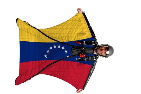 Panama flag. Men in wing suit templet. Skydiving men in parashute. Simulator of free fall.の写真素材